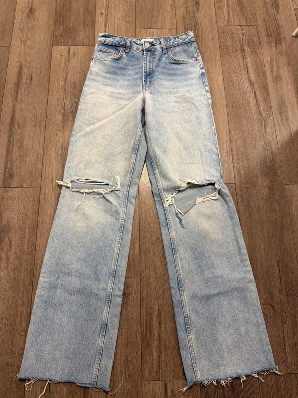 Zara Light Blue Distressed Wide-Leg Jeans